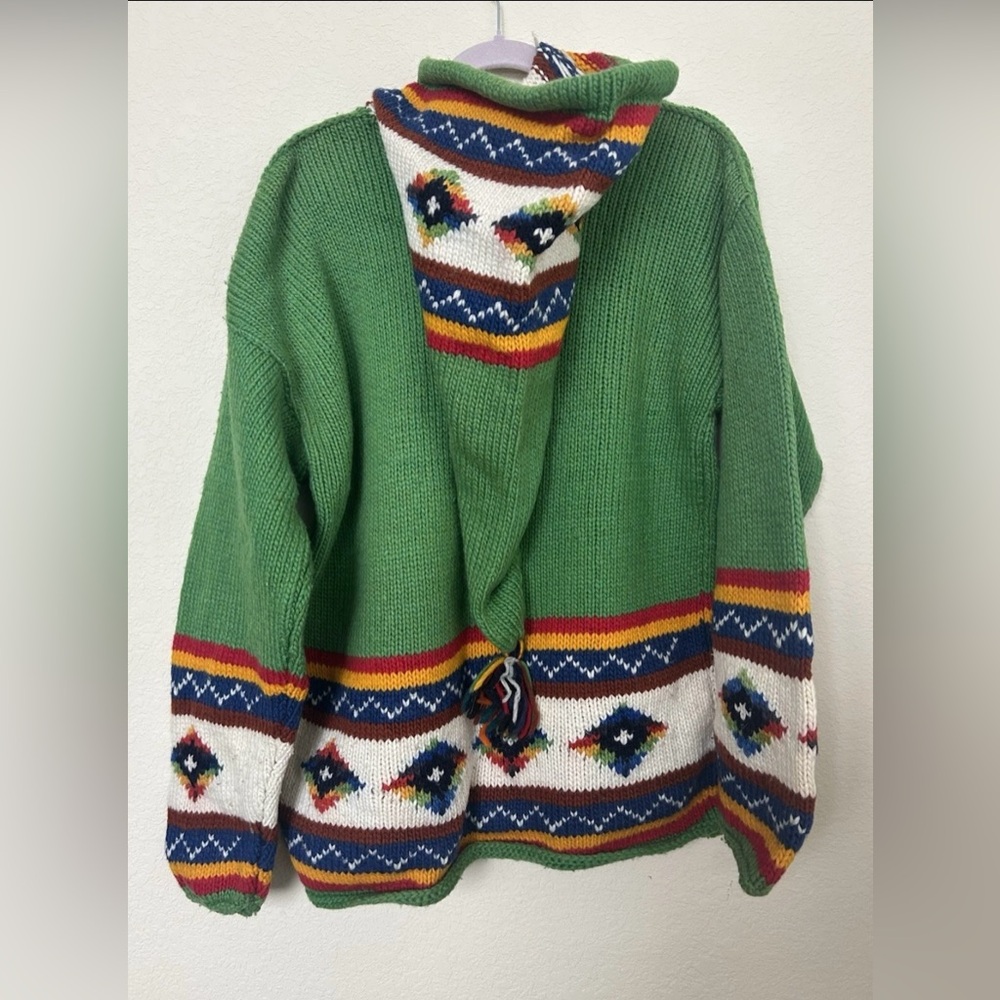 1990s Chunky Green Wool Hand Knit Cardigan Zip Up Large Pointed Hood Equador - Picture 5 of 15